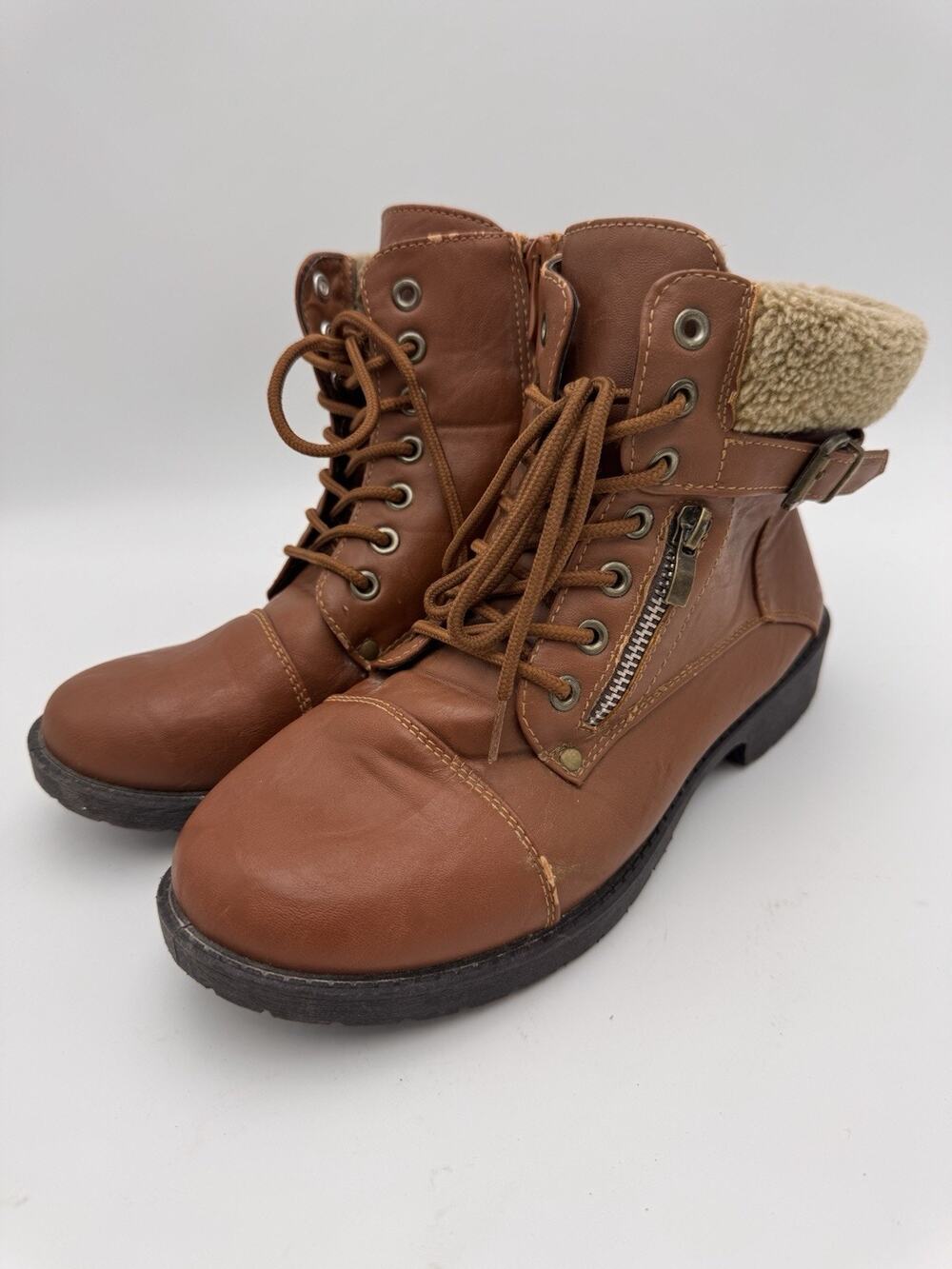 Women’s Brown Lace-Up Combat Ankle Boots Size 9 Side Zip Faux Fur